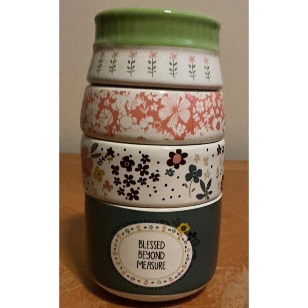Blessed Beyond Measure Measuring Cup Set Floral Stackable Decor Stoneware